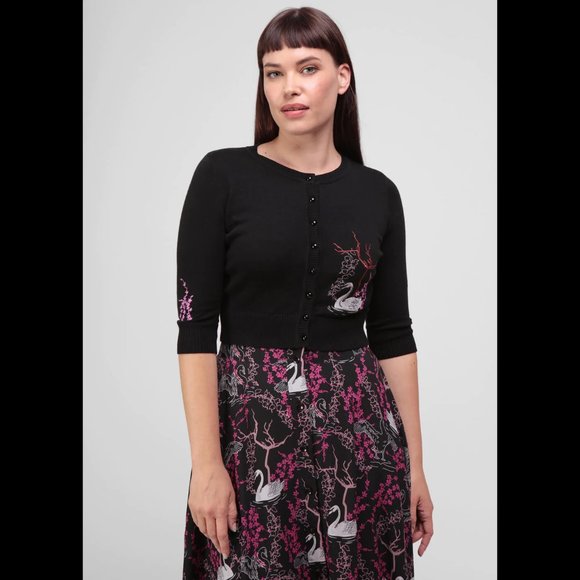 NWT Collectif Lucy Swan Forest Cardigan cropped balck XXS UK 6 - Picture 3 of 8